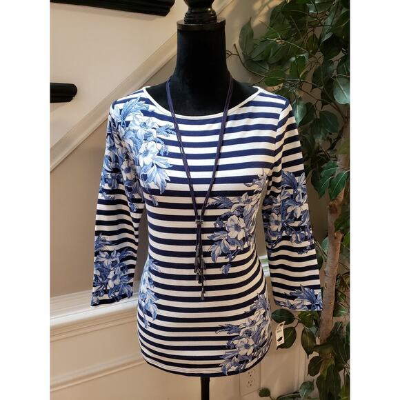 Talbots Blouse Top Womens Small White Blue Striped Floral Long Sleeve Round Neck - Picture 1 of 14